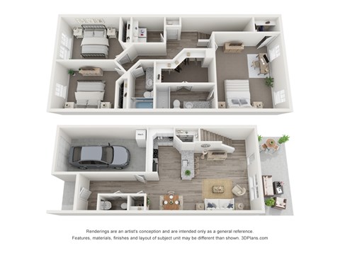 A 3D floor plan of a house with two levels, showing the layout of rooms and furniture.